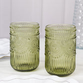 6-Pack Glass Tumblers Dusty Sage Green Vintage Embossed Design with Textured Floral Pattern - Highball Glasses for Drinks & Parties 14oz