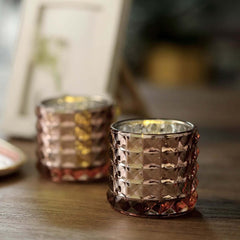6-Pack Mercury Glass Votive Holders Studded Faceted Design Rose Gold - Tealight Candle Holders 3"