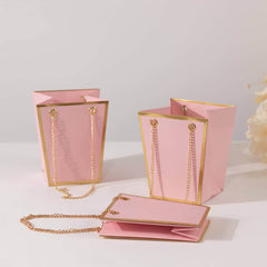 6 Pack Pink Gold Edge Paper Flower Gift Bags With Metal Chain Handles, Trapezoid Party Favor Tote Bags - 5"x6"