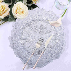 6-Pack Plastic Round Charger Plates 12" in Clear with Reef Design, Decorative Dinner Party Serving Plates