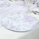 6 Pack Round Floral Acrylic Charger Plates in French Toile Pattern, 13" Matte Lavender and White Dinner Charger Event Tabletop Decor