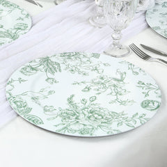 6 Pack Round Floral Acrylic Charger Plates in French Toile Pattern, 13" White Sage Green Dinner Charger Event Tabletop Decor