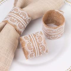 6 Pack Rustic Boho Chic Burlap and Lace Napkin Rings, Farmhouse Style Jute Serviette Buckles Holder