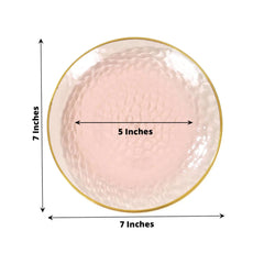 10-Pack Plastic 7" Round Dessert Appetizer Plates in Transparent Blush Hammered Design with Gold Rim - Modern Disposable Salad Plates
