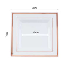 10-Pack Plastic Salad Dessert Plates White Square with Rose Gold Trim - Durable Disposable Appetizer Plates 7"