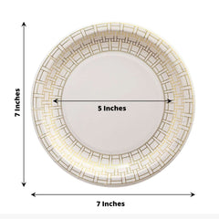 25-Pack Paper 7" Round Dessert Plates in White with Gold Basketweave Rim