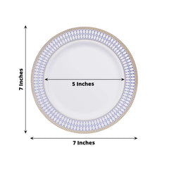 10-Pack Plastic 7" Round Dessert Plates in White with Gold Navy Blue Chord Rim - Renaissance Style Disposable Salad Appetizer Plates for Events & Banquets