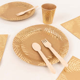 72 Pcs Paper Dinnerware Set with Gold Foil Palm Leaves Print Natural - Disposable Tableware Combo-Pack with Plates and Cups