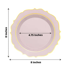 10-Pack Plastic 8" Round Desert Plates in Blush with Gold Scalloped Rim - Disposable Appetizer/Salad Plates