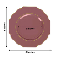10-Pack Plastic Dessert Appetizer Plates in Cinnamon Rose Baroque Design with Scalloped Gold Rim - Heavy Duty Disposable Salad Plates 8"