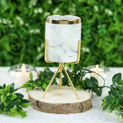 8" Gold Rimmed Marble Ceramic Vase Planter Pot With Gold Metal Stand