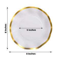 25-Pack Paper Round Dessert Plates 8" Matte White with Gold Wavy Rim - Disposable 350GSM Salad Plates for Banquets & Upscale Gatherings