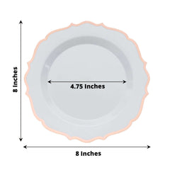 10-Pack Plastic 8" Round Desert Plates in White with Rose Gold Scalloped Rim - Disposable Appetizer/Salad Plates