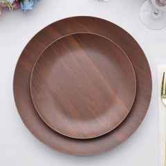 Pack of 6 Melamine 8" Round Dessert Plates in Brown Wood Grain Print - Disposable Shatterproof Appetizer Salad Plates for Rustic Farmhouse-Inspired Table Decor