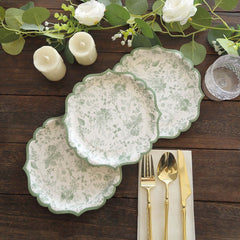 25-Pack Paper 8" Round Dessert Plates in White with Sage Green French Toile Design & Scalloped Rim - Disposable 300GSM Salad Appetizer Plates for Stylish Table Decor