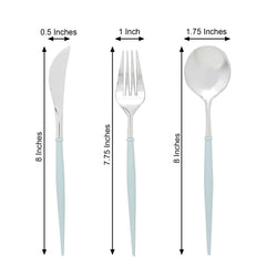 24-Pack Plastic Flatware Set in Silver with Light Blue Handle - Heavy Duty Disposable Modern Silverware 8"