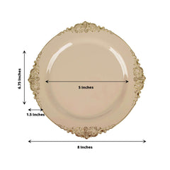 10-Pack Plastic 8" Round Dessert Plates in Taupe with Gold Leaf Embossed Rim - Disposable Vintage Baroque Style Salad Plates