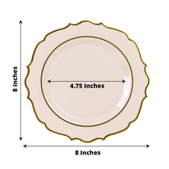 10-Pack Plastic 8" Round Desert Plates in Taupe with Gold Scalloped Rim - Disposable Appetizer/Salad Plates