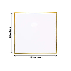 10-Pack Plastic 8" Square Dessert Plates in White Concave Style with Gold Rim - Modern Disposable Salad Appetizer Party Plates for Weddings & Special Events
