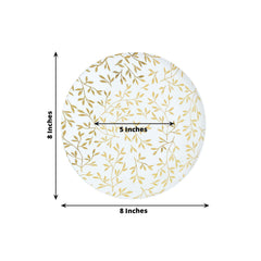 10-Pack Plastic 8" Round Salad Dessert Plates in White with Gold Leaf Design - Heavy Duty Disposable Party Plates for Stylish Events & Memorable Gatherings