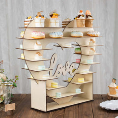 8-Layer Wooden Dessert Display Stand Heart Shaped Double Sided Design Natural - "Love" Cupcake Shelf Table Rack 26"