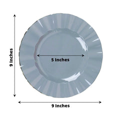 10-Pack Plastic 9" Round Dinner Plates in Dusty Blue Ruffled Rim with Gold Edging - Sturdy Disposable Dinnerware