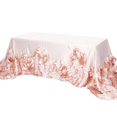 90"x156" Blush Seamless Large Rosette Rectangular Satin Tablecloth for 8 Foot Table With Floor-Length Drop