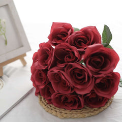 12" Red Artificial Velvet-Like Fabric Rose Flower Bouquet Bush