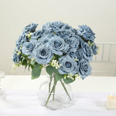 2 Bushes 18" Real Touch Artificial Rose Flower Bouquet, Dusty Blue Silk Long Stem Flower Arrangements