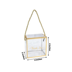 25 Pack Plastic Clear Square Gift Boxes with Gold Trim - Transparent Favor Boxes, Rope Handle, Pre-Printed Thank You Message - 4"x4"