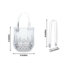 3-Pack Clear Plastic Small Ice Buckets with Handle & Tongs in Crystal-Cut Design – 5"x5" Shatterproof Compact Bar Ice Holder & Drink Cooler for Whiskey, Cocktails & Parties