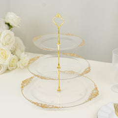 3-Tier Clear Plastic Cupcake Tower Stand with Gold Embossed Baroque Rim, 13" Round Cake Dessert Holder Display Stand Tiered Serving Tray with Top Handle