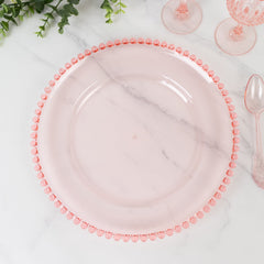 6-Pack Acrylic Round Charger Plates 13" in Transparent Blush with Beaded Rim, Decorative Dinner Party Serving Plates