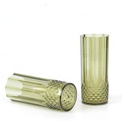 6-Pack Plastic Cocktail Tumblers Dusty Sage Green Transparent Crystal Cut Style - Shatterproof Highball Glasses 14oz