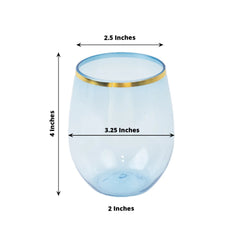 12-Pack Plastic Wine Tumblers Transparent Dusty Blue with Gold Rim - Reusable Drinkware 12oz