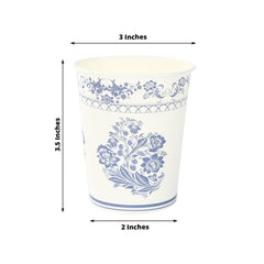 24 Pack Disposable Paper Cups in White Royal Blue Damask Floral Pattern, Elegant Party Cups - 9oz