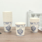 24 Pack Disposable Paper Cups in White Royal Blue Damask Floral Pattern, Elegant Party Cups - 9oz