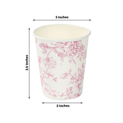 24-Pack Paper Cups in White with Pink French Toile Print - Stylish Disposable Floral Party Cups for Weddings & All Purpose Use 9oz