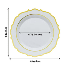 10-Pack Plastic 8" Round Desert Plates in White with Gold Scalloped Rim - Disposable Appetizer/Salad Plates for Chic Banquets & Special Occasions