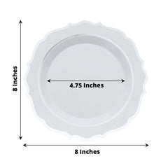 10-Pack Plastic 8" Round Desert Plates in White with Silver Scalloped Rim - Disposable Appetizer/Salad Plates