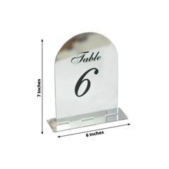 Silver Mirror Arch Acrylic Table Numbers (1-10) - 6"x7" Wedding Reception Signs with Black Print & Stands