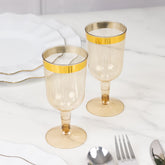 12 Pack Plastic Short Stem Wine Glasses Transparent Gold/Gold Rim - Stylish Disposable Drinkware 6oz