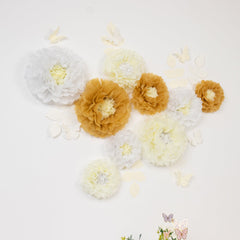 Set of 21 Tissue Paper Flowers Pom Poms Decor Kit – White Ivory 3D Chrysanth Floral Wall Decor with Butterflies & Olive Leaves - 8",10",12"