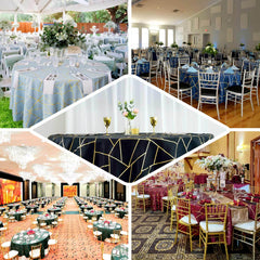 120" Teal Seamless Round Polyester Tablecloth With Gold Foil Geometric Pattern for 5 Foot Table With Floor-Length Drop