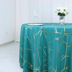 120" Teal Seamless Round Polyester Tablecloth With Gold Foil Geometric Pattern for 5 Foot Table With Floor-Length Drop