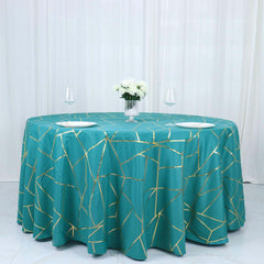 120" Teal Seamless Round Polyester Tablecloth With Gold Foil Geometric Pattern for 5 Foot Table With Floor-Length Drop