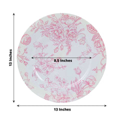 6-Pack Acrylic Round Charger Plates 13" in White with Pink Floral French Toile Pattern, Decorative Dinner Party Charger Tableware