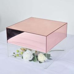 Acrylic Cake Box Stand Pedestal Riser Mirror Finish Rose Gold - Display for Desserts and Events 14"x14"