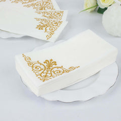 25 Pack White Linen-Feel Dinner Paper Napkins with Gold Fleur Vintage Print, Premium Cloth-Like Airlaid Disposable Napkins, Soft and Absorbent Guest Towels