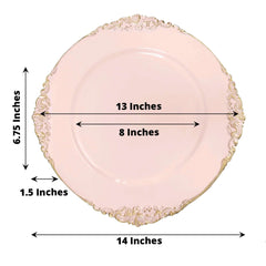 6-Pack Acrylic Round Charger Plates 13" in Blush with Gold Embossed Baroque Rim, Antique Decorative Dinner Party Charger Tableware